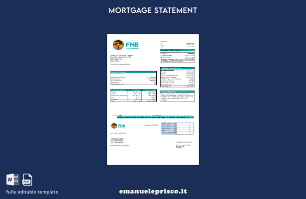 estratto conto del mutuo della First National Bank (FNB) del Sudafrica in stile 